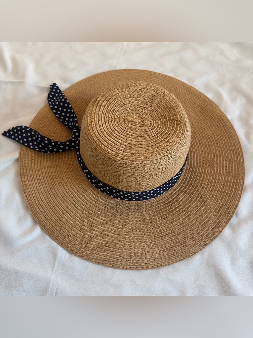 Ann Taylor Woven Straw Floppy Sun Hat, Navy Blue and White Polka Dots, One Size